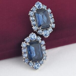 Vintage Blue Glass Rhinestone Halo Clip On Earrings Silver Tone Emerald Cut